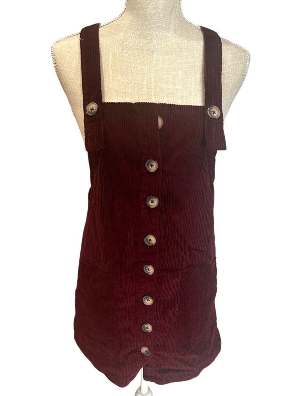 Derek Heart Burgundy Corduroy Button-Front Pinafore Dress Jumper Size S